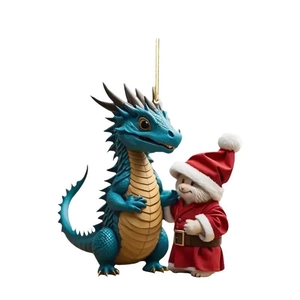 Blue Christmas dragon with small pet in Santa outfit hanging ornament for 2024 tree decoration