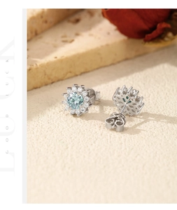 Macro shot of S925 sterling silver snowflake earrings with blue moissanite stones