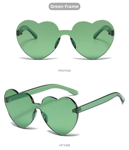 Front and 45-degree side view of green rimless heart-shaped fashion sunglasses