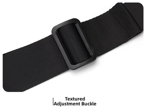 Close-up of adjustable nylon strap with a matte black textured buckle on chest bag