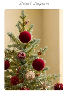 Detailed close-up of red flocked balls, gold sequins and pine cones on a Christmas tree