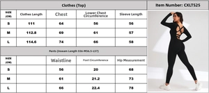 Detailed size guide for seamless cross-back athletic bodysuit showing S, M, L measurements