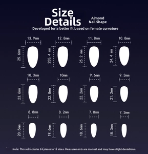 Detailed size chart for almond shaped Halloween fake nails with 12 different dimensions