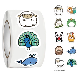 Detail showing 0.88-inch round cartoon animal reward stickers in a roll for kids