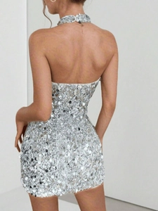 Sparkly silver sequin backless bodycon mini dress with halter neck for party evening