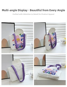 Four views of a white canvas tote bag with purple straps and cute Milk Candy graphics