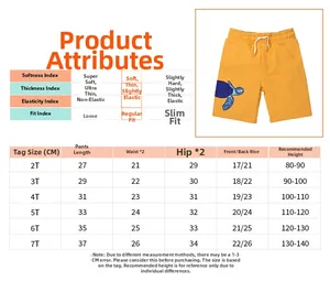 Detailed size chart for kids' yellow shorts with turtle print and product attributes