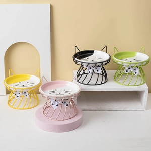 Cat ceramic raised bowl with metal stand in multiple colors for neck protection