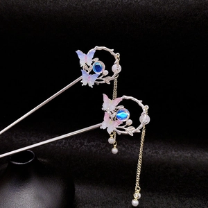Épingles à cheveux papillon exquises avec pompons bleus et roses pour style Hanfu