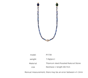 Detail view of faceted blue natural stone necklace with titanium steel specifications