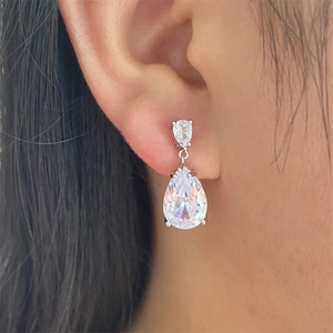 Close-up of elegant pear-shaped zircon earrings worn, featuring silver-toned metal finish