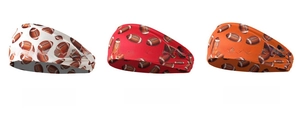 Detailed view of elastic sports headbands with American football print in white, red, and orange