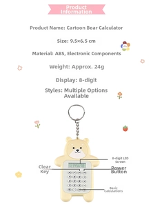 Detailed view of beige cartoon bear calculator with 8-digit LED screen and keychain