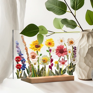 Macro detail of acrylic floral plaque with colorful beads and natural wooden base