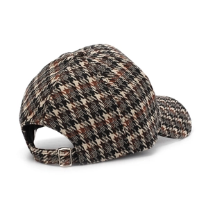 Houndstooth wool baseball cap in brown and white with adjustable silver metal buckle