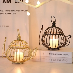 Teapot Shape Metal Iron Candle Holder Hollow Birdcage Design Nordic Style Retro Tabletop Decorative Centerpiece Living Room