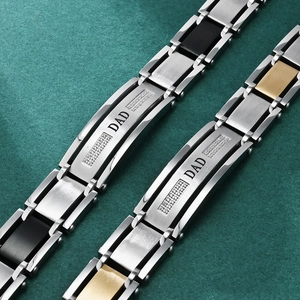 Mens stainless steel DAD bracelet with watch band links and sparkling crystal accents