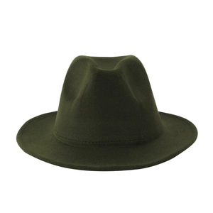 Detail of dark green wool felt fedora hat featuring a creased crown and reinforced brim