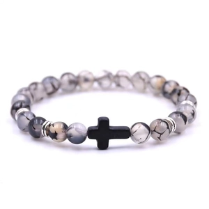 Agate stone cross bracelet with natural grey crackle beads and silver metal spacers
