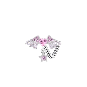 Piercing naso ali argento con gemma cuore rosa e ciondolo stella su fondo bianco