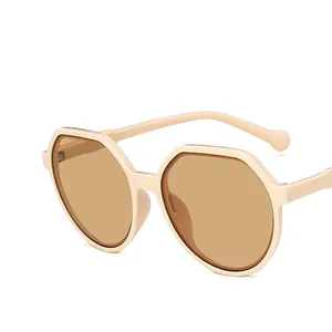 Retro milk tea beige geometric polygon sunglasses with dark brown lenses for women