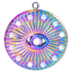 Macro shot of rainbow stainless steel evil eye pendant with sparkling crystals
