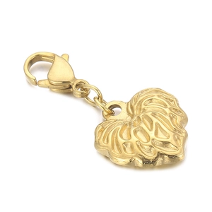 Golden heart-shaped keychain with lobster clasp and leaf charm in polished stainless steel