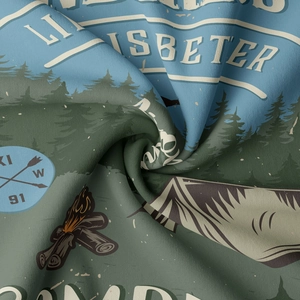 Détail de la texture du tissu de camping avec illustration de tente et forêt