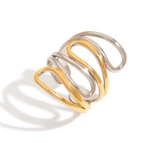 Two-tone stainless steel multi-layer spiral ring with 18K gold and silver plating