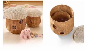 Detail of mushroom shaped wicker storage basket with lid showing hollow window pattern