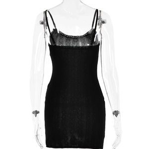 Close-up of black sleeveless dress with delicate lace V-neckline and ribbed texture