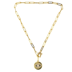 Collana a catena a graffetta dorata con ciondolo occhio del male e zirconi chiari