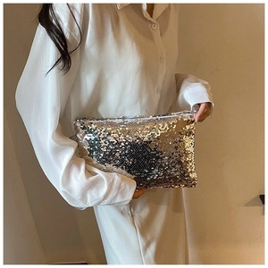 Chic gold and silver sequin clutch bag for women, rectangular zipper evening handbag