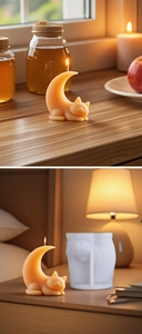 DIY cat moon candle mold set with orange scented wax candle in warm home setting