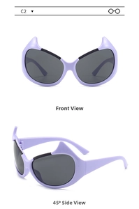 Front and 45-degree angle views of purple demon horn sunglasses with dark grey lenses