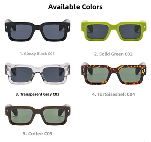 Plusieurs coloris de lunettes de soleil carrées avec rivets argentés sur fond blanc