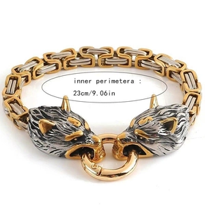 Bracelet Viking tête de loup en acier inoxydable or et argent, périmètre de 23 cm