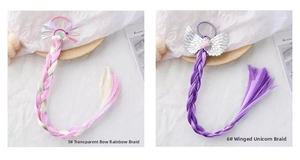 Détails d'élastiques licorne colorés avec nœuds arc-en-ciel et tresses à paillettes