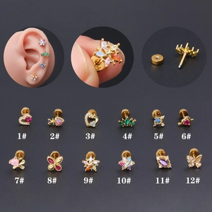 Détails de 12 piercings d'oreille dorés en zircon avec fermoir à vis sécurisé