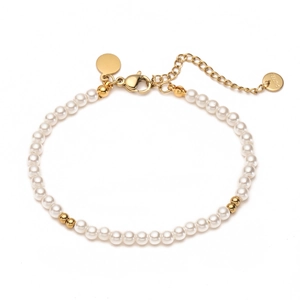 Elegant 18K gold plated stainless steel bracelet with white pearls and lobster clasp closure