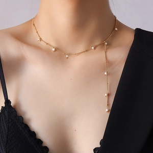 Y Lariat Necklace Titanium Steel Gold Plated Irregular Freshwater Pearl Long Tassel Elegant Minimalist Jewelry For Women