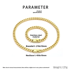 Detailed size parameters for 10mm golden stainless steel Cuban link necklace and bracelet