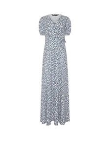 French vintage navy blue floral maxi dress with V-neckline and short sleeves design