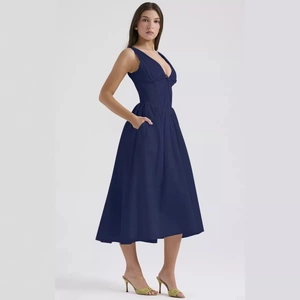 Navy blue V-neck sleeveless maxi dress with high waist pleats and side pockets