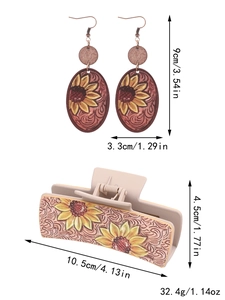 Detailed view of sunflower cactus leather hair claw and earrings with exact dimensions