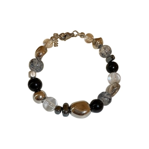 French vintage hematite and crystal beaded bracelet with dark style and silver accents