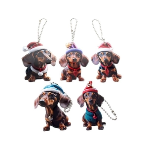 Five assorted Christmas Dachshund acrylic pendants with festive hats and scarves