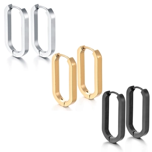 Minimalist rectangular stainless steel hoop earrings in silver, gold, and black matte finish