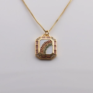 Gold plated rainbow pendant necklace with colorful gemstones and pink border inlay