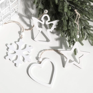 White wooden Christmas ornaments set including heart, snowflake and star with hanging ropes